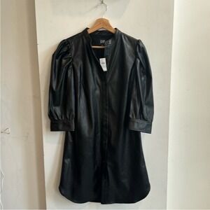 Gap Womens Faux Leather Puff Sleeve Shirt Dress Black‎ Band Collar Mini S NEW